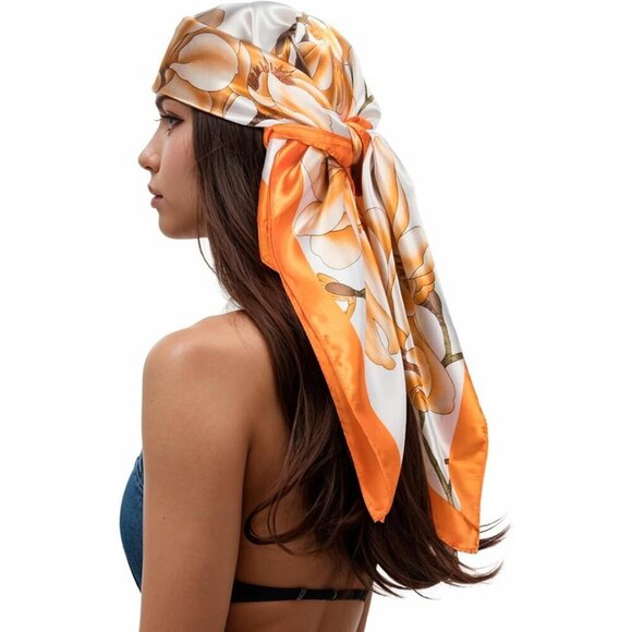 Accessories - Women's Orange/Brown Head Scarf Like Silk Printed Square Hair Bandanas 35 Inches
